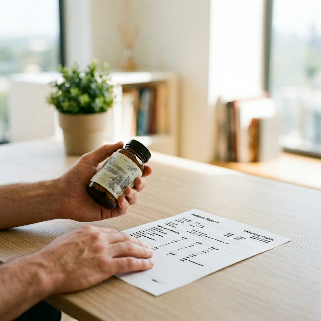 Osoba uważnie porównuje etykietę minimalistycznego suplementu z wynikami badań laboratoryjnych.
