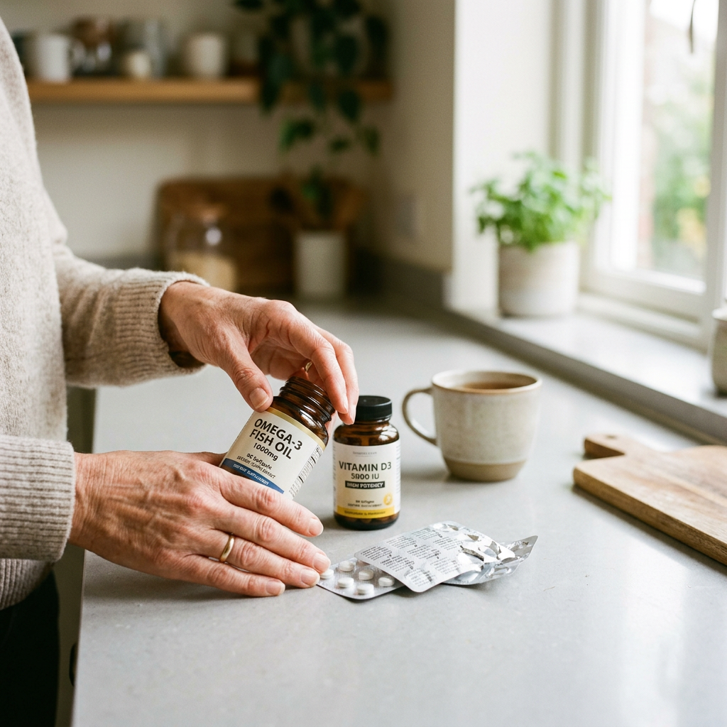 Osoba uważnie przeglądająca różne suplementy diety i leki, myśląc o bezpiecznym łączeniu.