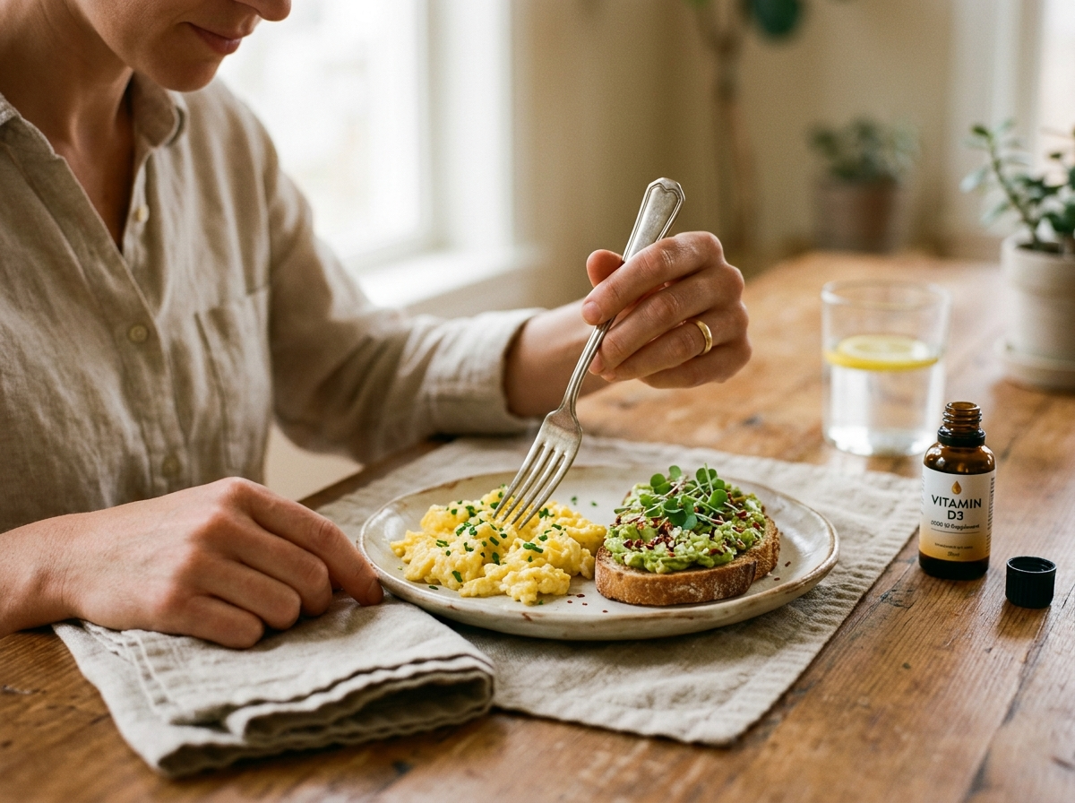 Ręce osoby jedzącej śniadanie z jajecznicą i awokado, obok suplement witaminy d.