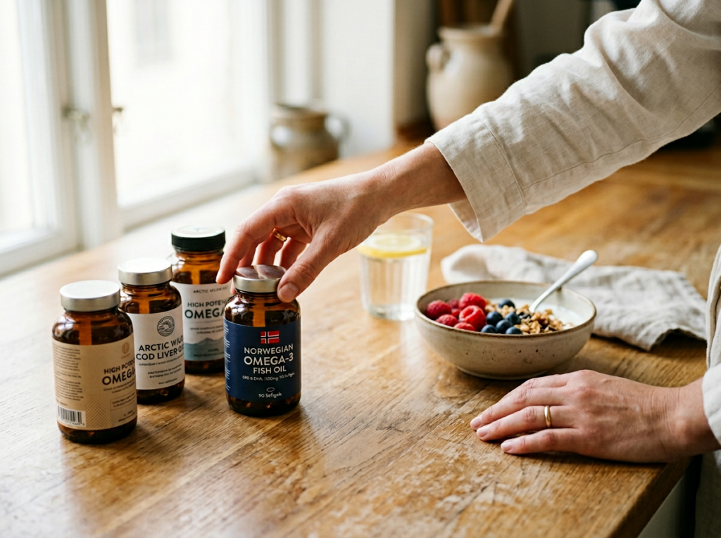 Ręce osoby sięgające po butelkę omega 3 suplementy na tle zdrowego śniadania w nowoczesnej kuchni.