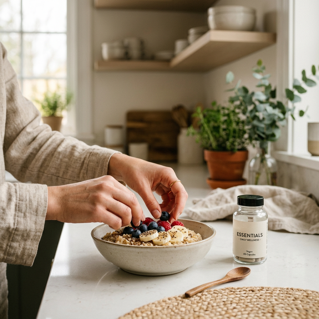 Ręce układające świeże owoce na owsiance, obok dyskretny suplement diety.