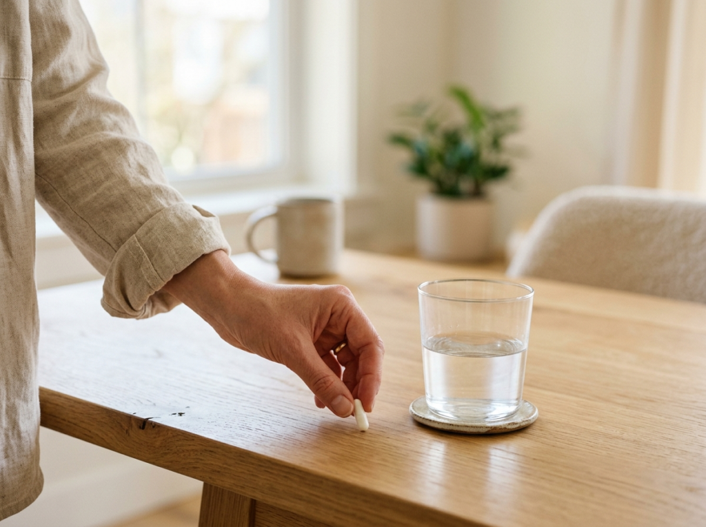 Ręka delikatnie odkładająca suplement witaminy d obok szklanki wody na drewnianym stole.