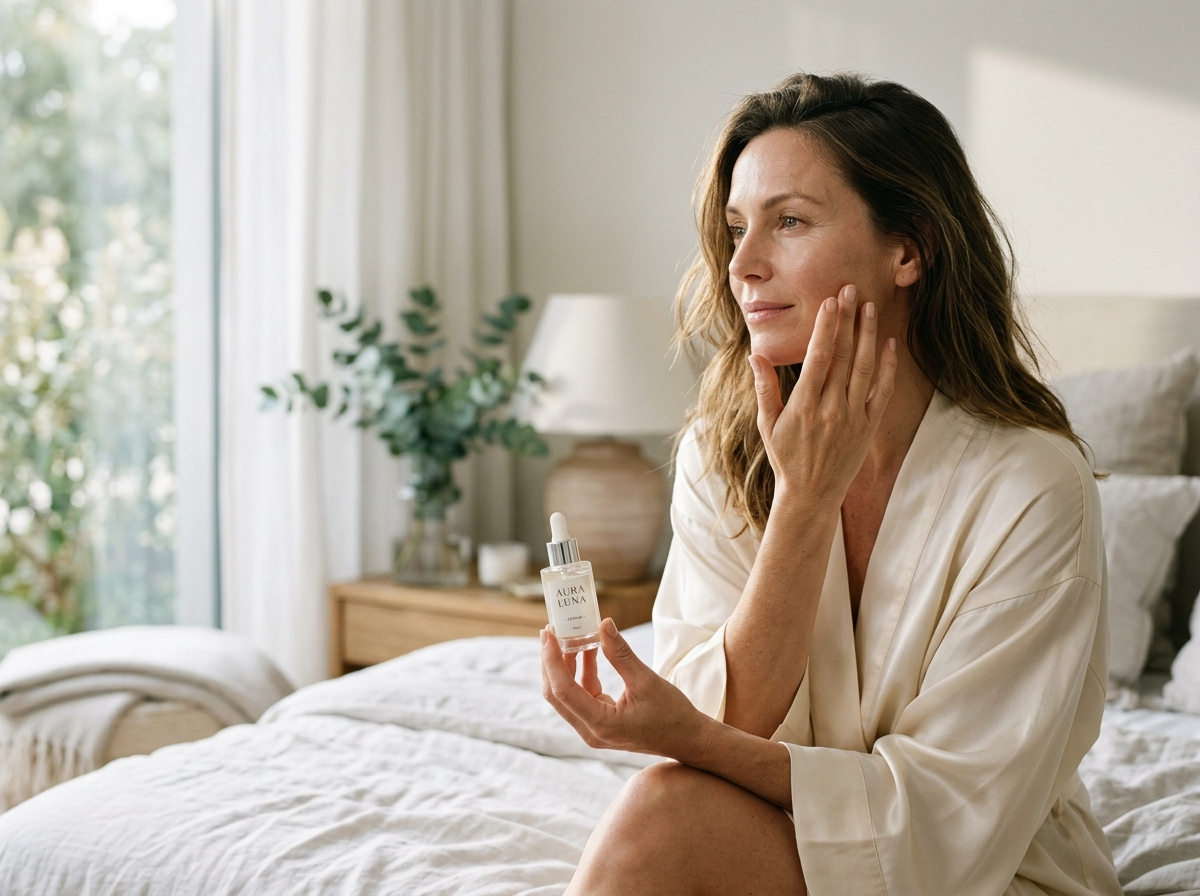 Spokojna kobieta z odświeżoną cerą, trzymająca premium kosmetyki do twarzy w jasnym otoczeniu.