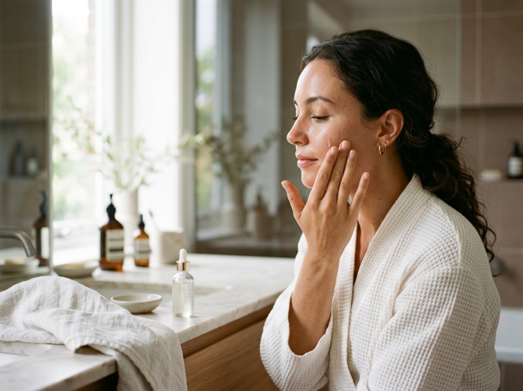 Spokojna kobieta z promienną cerą podczas wieczornej pielęgnacji twarzy w nowoczesnej łazience.
