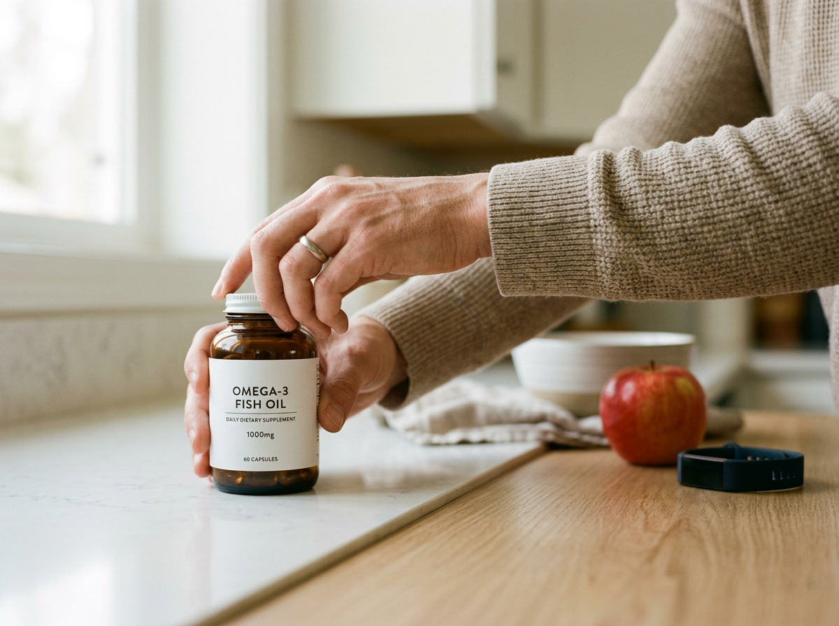 Zblizenie dłoni sięgającej po butelkę omega 3 suplementów na kuchennym blacie, symbolizujące zdrowy styl życia.