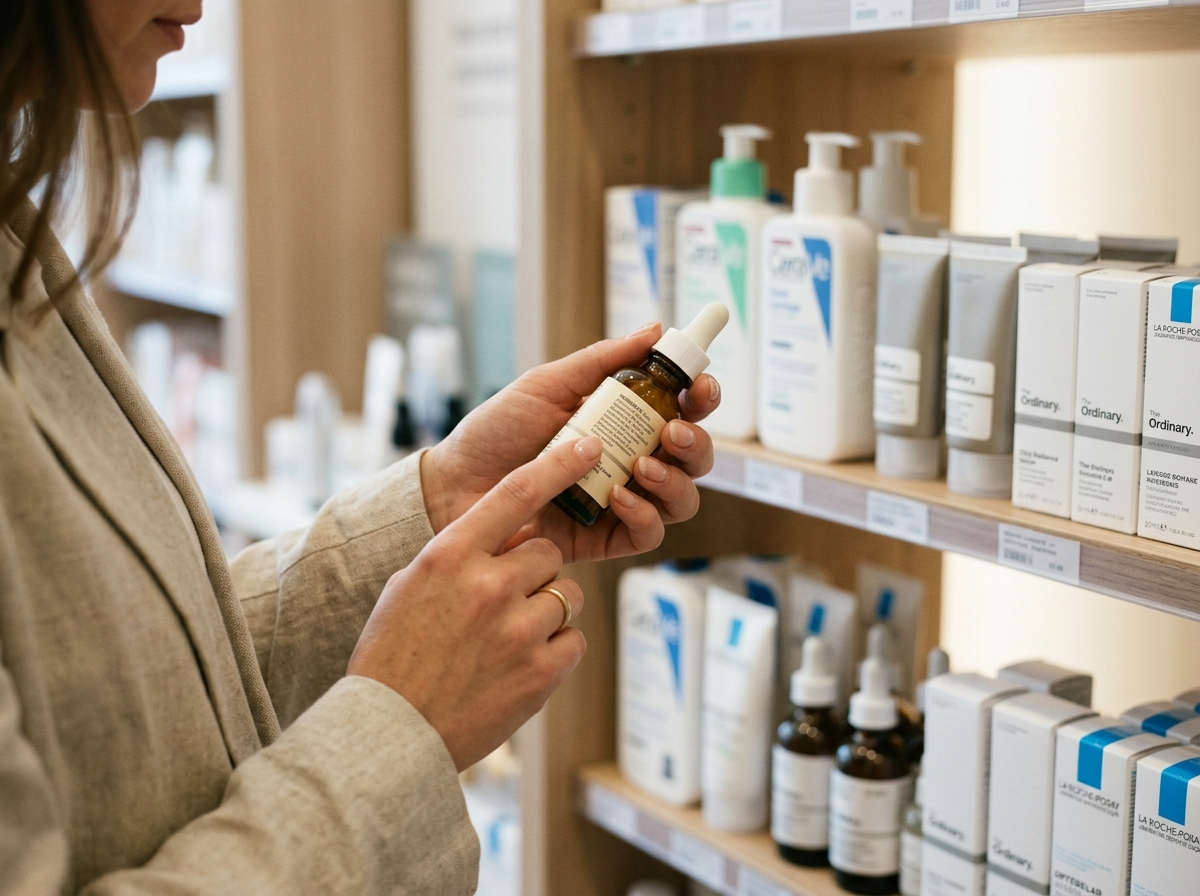 Zbliżenie na dłonie kobiety czytającej skład na butelce kosmetyku skincare w aptece.