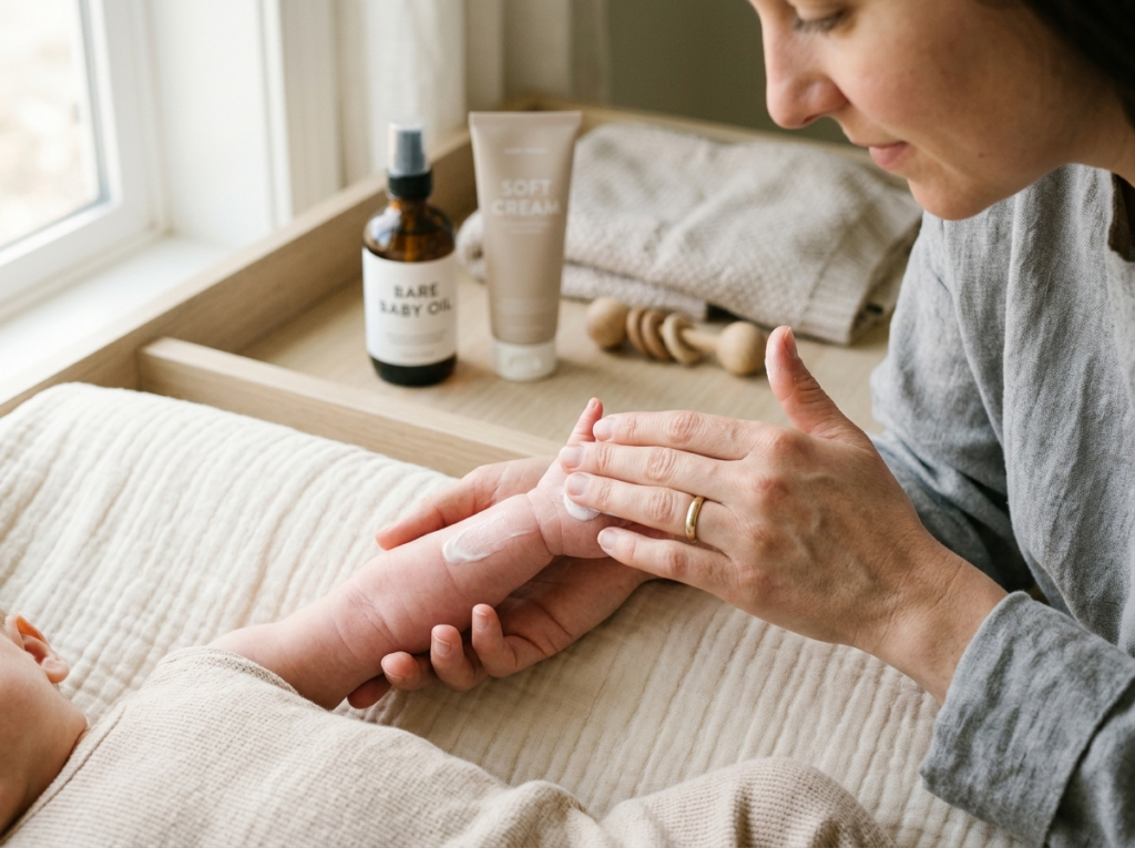 Delikatne dłonie dorosłego nakładające krem na ramię dziecka, z kosmetykami dla niemowląt w tle.
