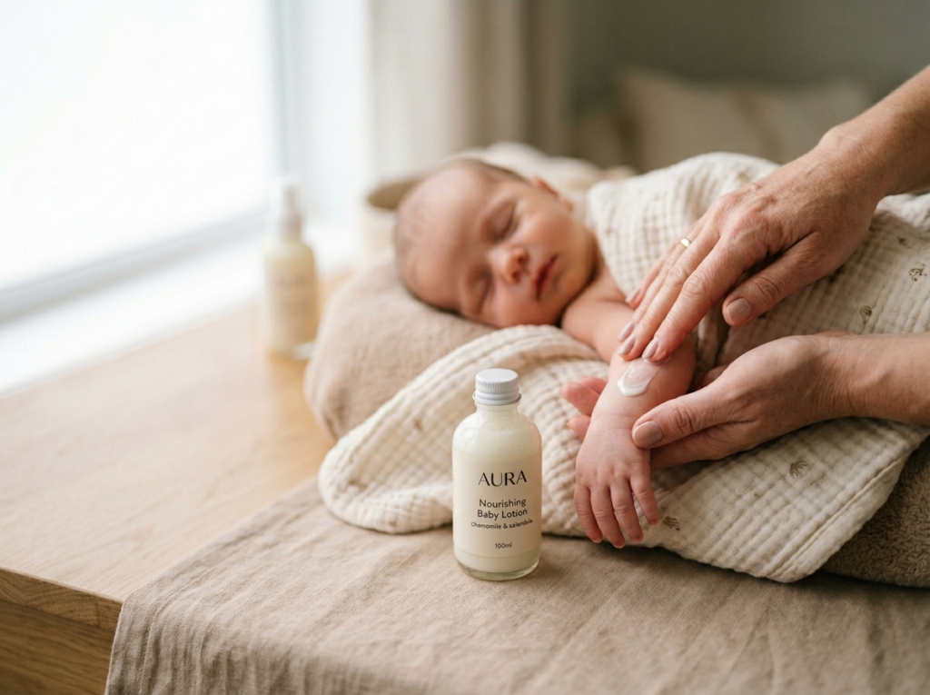 Delikatne dłonie rodzica aplikujące krem pielęgnacyjny z linii kosmetyki dla noworodka na ramionko dziecka.