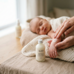 Delikatne dłonie rodzica aplikujące krem pielęgnacyjny z linii kosmetyki dla noworodka na ramionko dziecka.