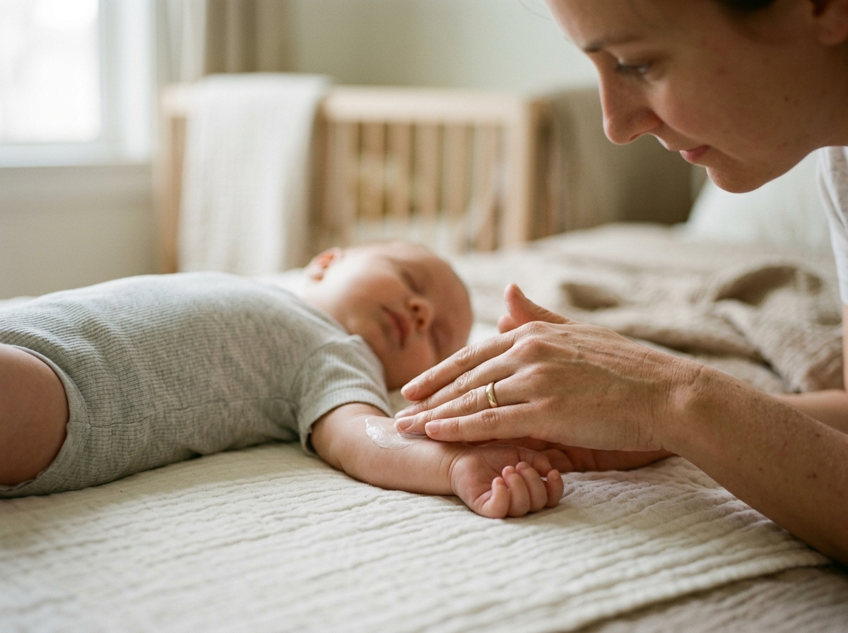 Delikatne dłonie rodzica aplikujące specjalistyczne kosmetyki dla niemowląt na spokojną skórę dziecka.