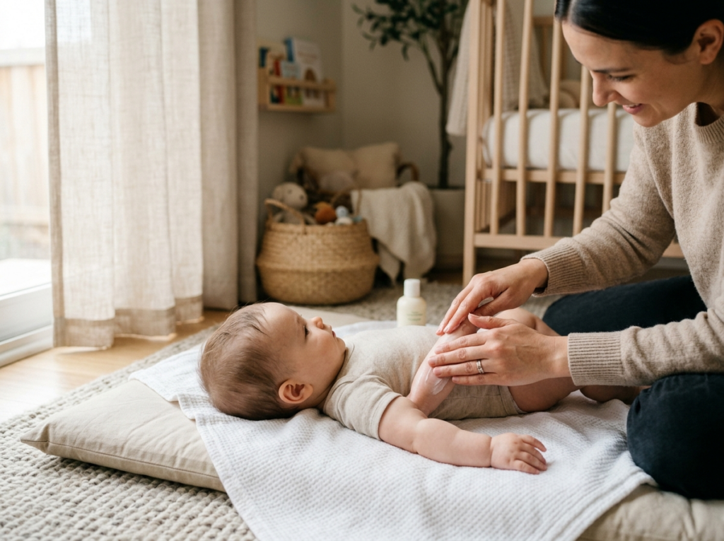 Delikatne dłonie rodzica wmasowujące kosmetyki dla dzieci w miękką skórę niemowlęcia w jasnym, nowoczesnym pokoju.