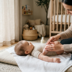 Delikatne dłonie rodzica wmasowujące kosmetyki dla dzieci w miękką skórę niemowlęcia w jasnym, nowoczesnym pokoju.