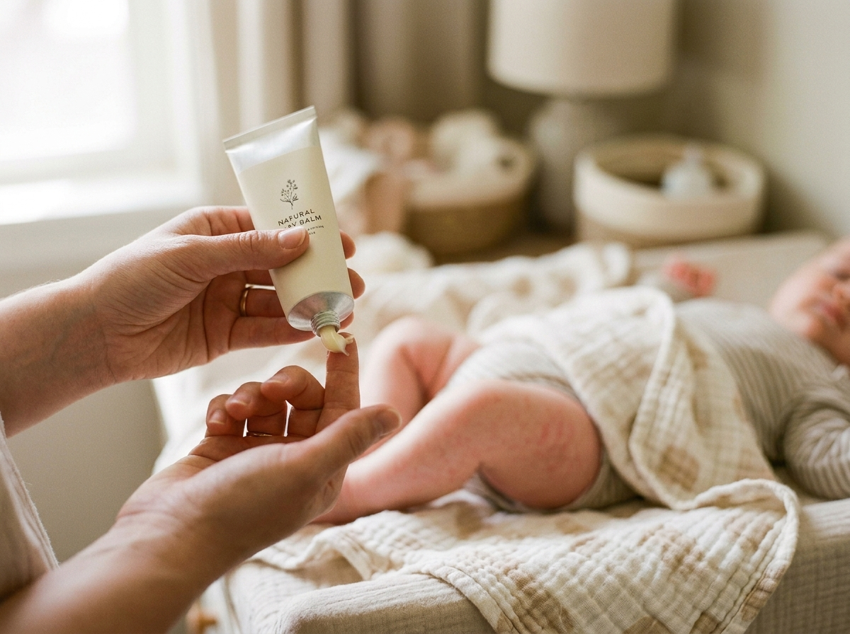 Delikatne ręce rodzica aplikujące naturalne kosmetyki dla dzieci na wrażliwą skórę maluszka.