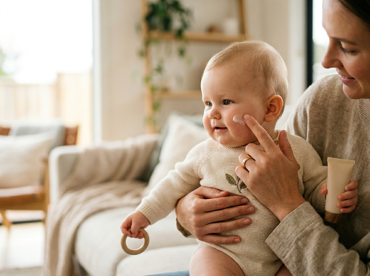 Dłonie rodzica delikatnie nakładają kosmetyki dla niemowląt, ochronny sztyft na policzek malucha.