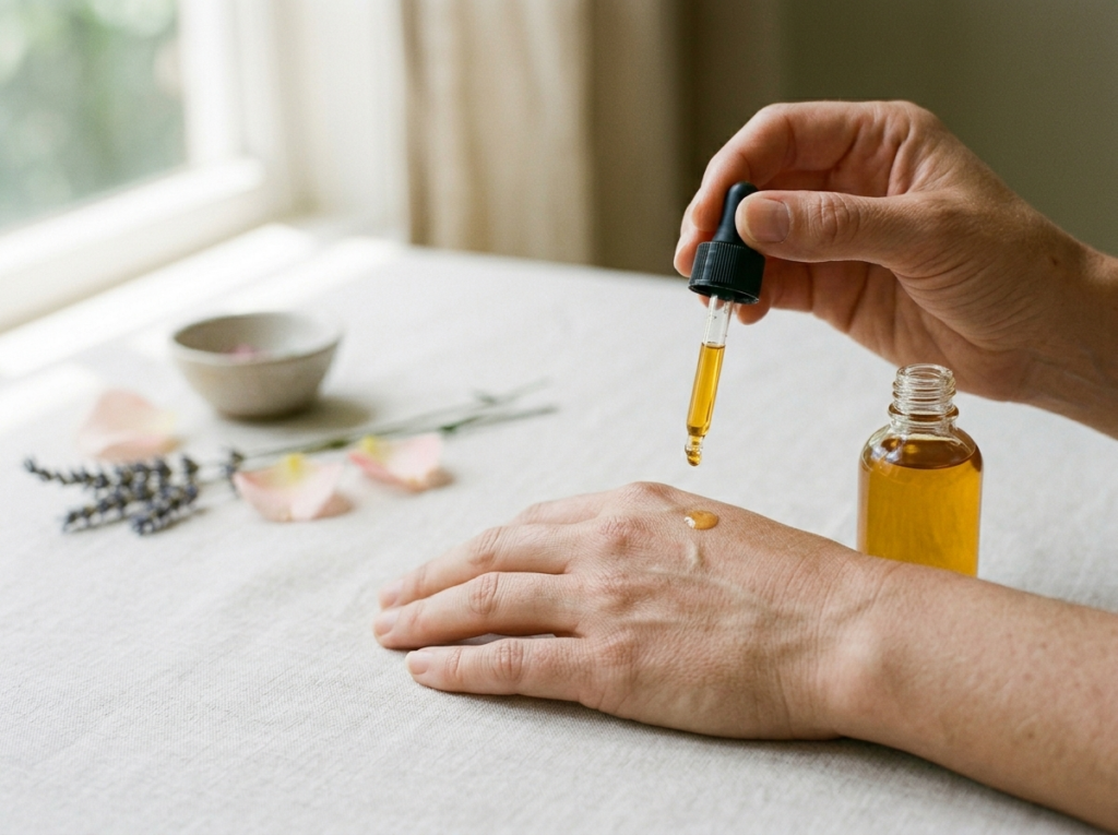 Eleganckie dłonie delikatnie aplikujące serum z naturalnych składników kosmetycznych w miękkim świetle.