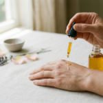 Eleganckie dłonie delikatnie aplikujące serum z naturalnych składników kosmetycznych w miękkim świetle.