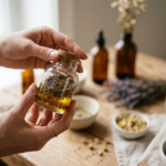 Eleganckie dłonie delikatnie trzymają słoiczek z naturalnymi składnikami kosmetyków, w tle zamazane buteleczki.