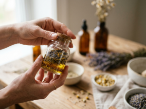 Eleganckie dłonie delikatnie trzymają słoiczek z naturalnymi składnikami kosmetyków, w tle zamazane buteleczki.