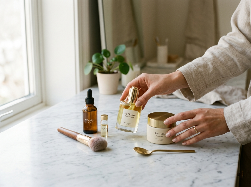 Eleganckie dłonie kobiety delikatnie sięgające po różnorodne marki kosmetyków na jasnej, marmurowej powierzchni.