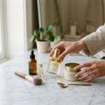 Eleganckie dłonie kobiety delikatnie sięgające po różnorodne marki kosmetyków na jasnej, marmurowej powierzchni.