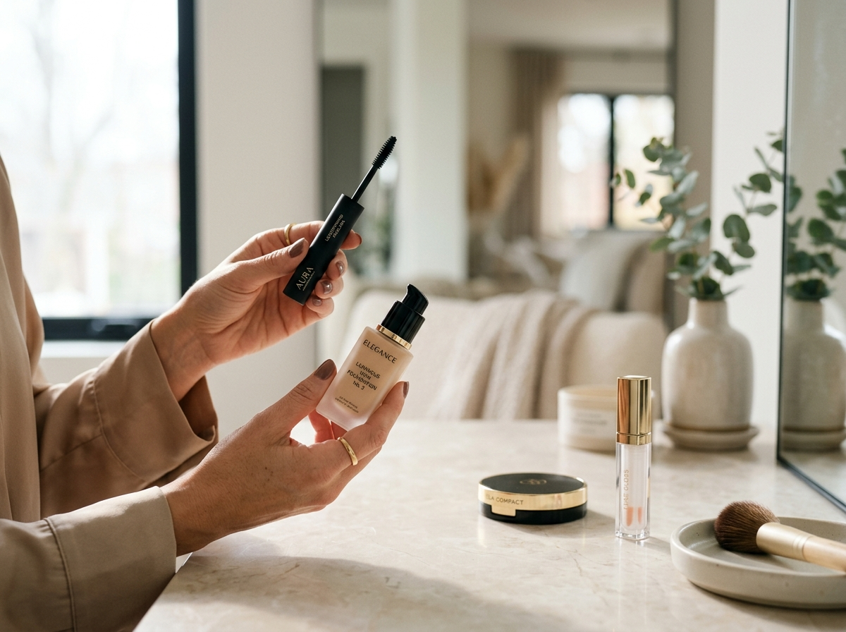 Eleganckie dłonie kobiety sięgające po luksusowe polskie kosmetyki do makijażu na stylowej toaletce.