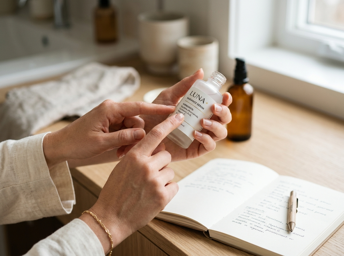 Eleganckie dłonie wskazujące na składniki kosmetyków na etykiecie produktu, symbolizujące świadomą pielęgnację.