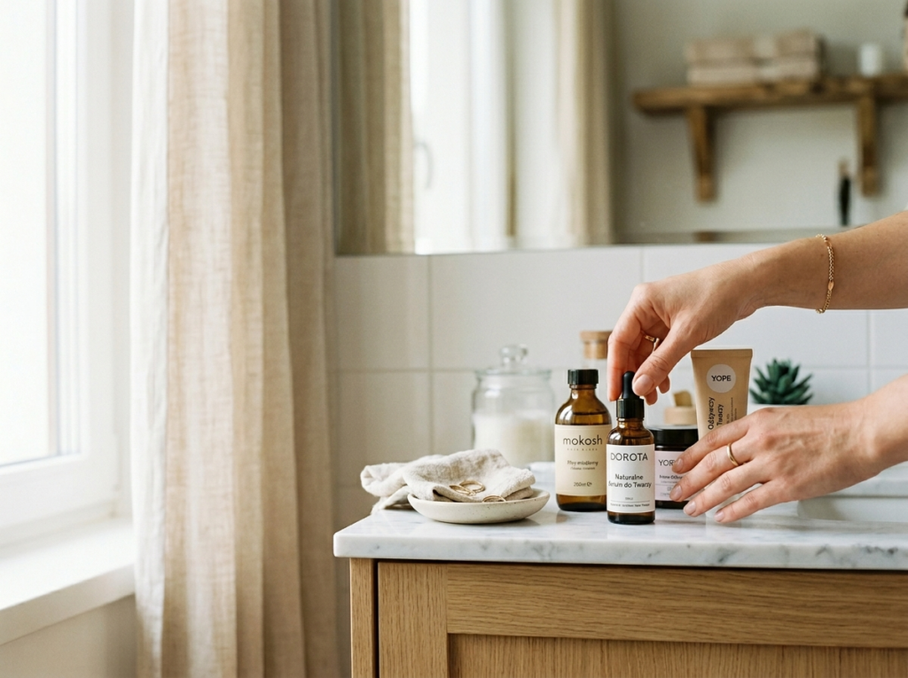 Kobieca dłoń wybierająca polskie kosmetyki do pielęgnacji, wśród elegancko ułożonych produktów na toaletce.