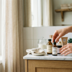 Kobieca dłoń wybierająca polskie kosmetyki do pielęgnacji, wśród elegancko ułożonych produktów na toaletce.