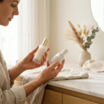 Kobieta delikatnie porównująca eleganckie butelki kosmetyków do pielęgnacji na minimalistycznej toaletce, w ciepłym świetle.