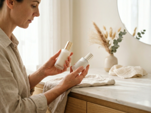 Kobieta delikatnie porównująca eleganckie butelki kosmetyków do pielęgnacji na minimalistycznej toaletce, w ciepłym świetle.