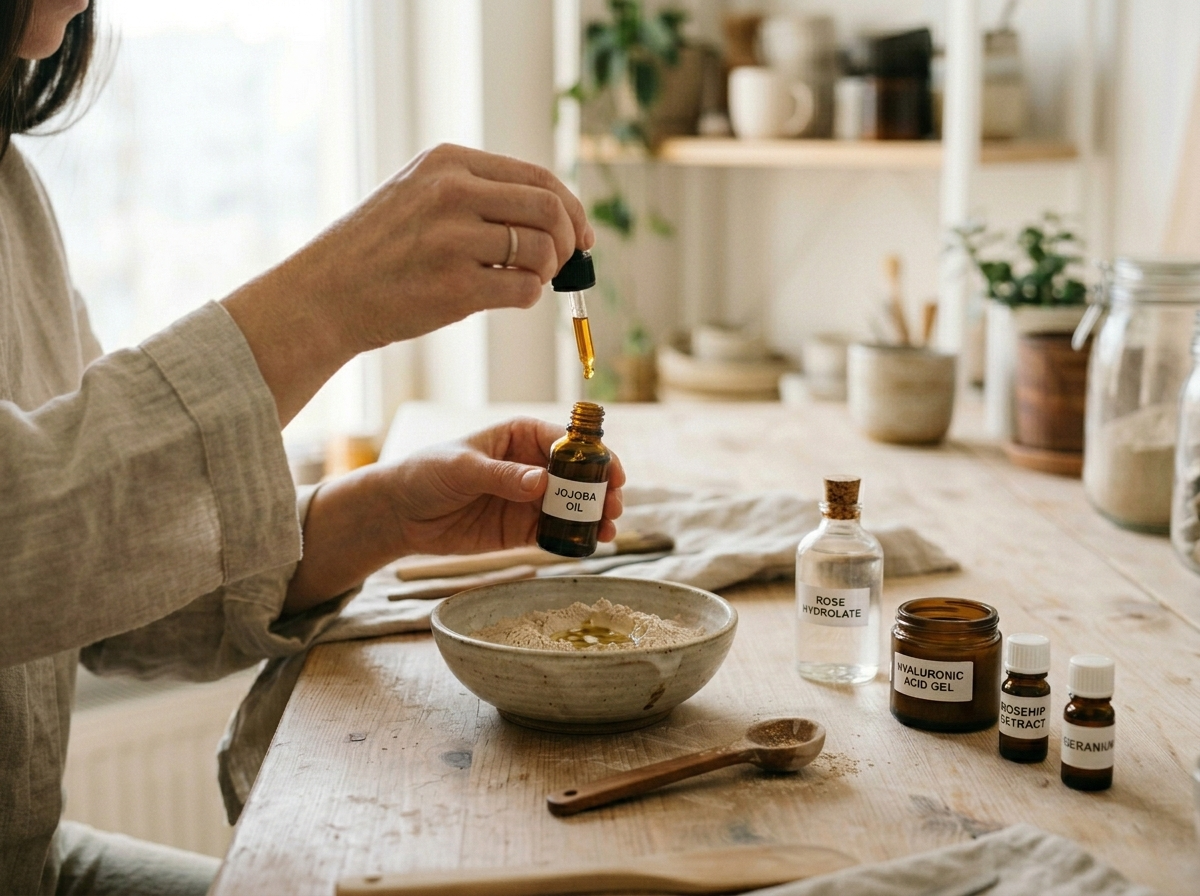 Kobieta precyzyjnie odmierza naturalne składniki kosmetyczne, przygotowując domowy preparat do pielęgnacji skóry.