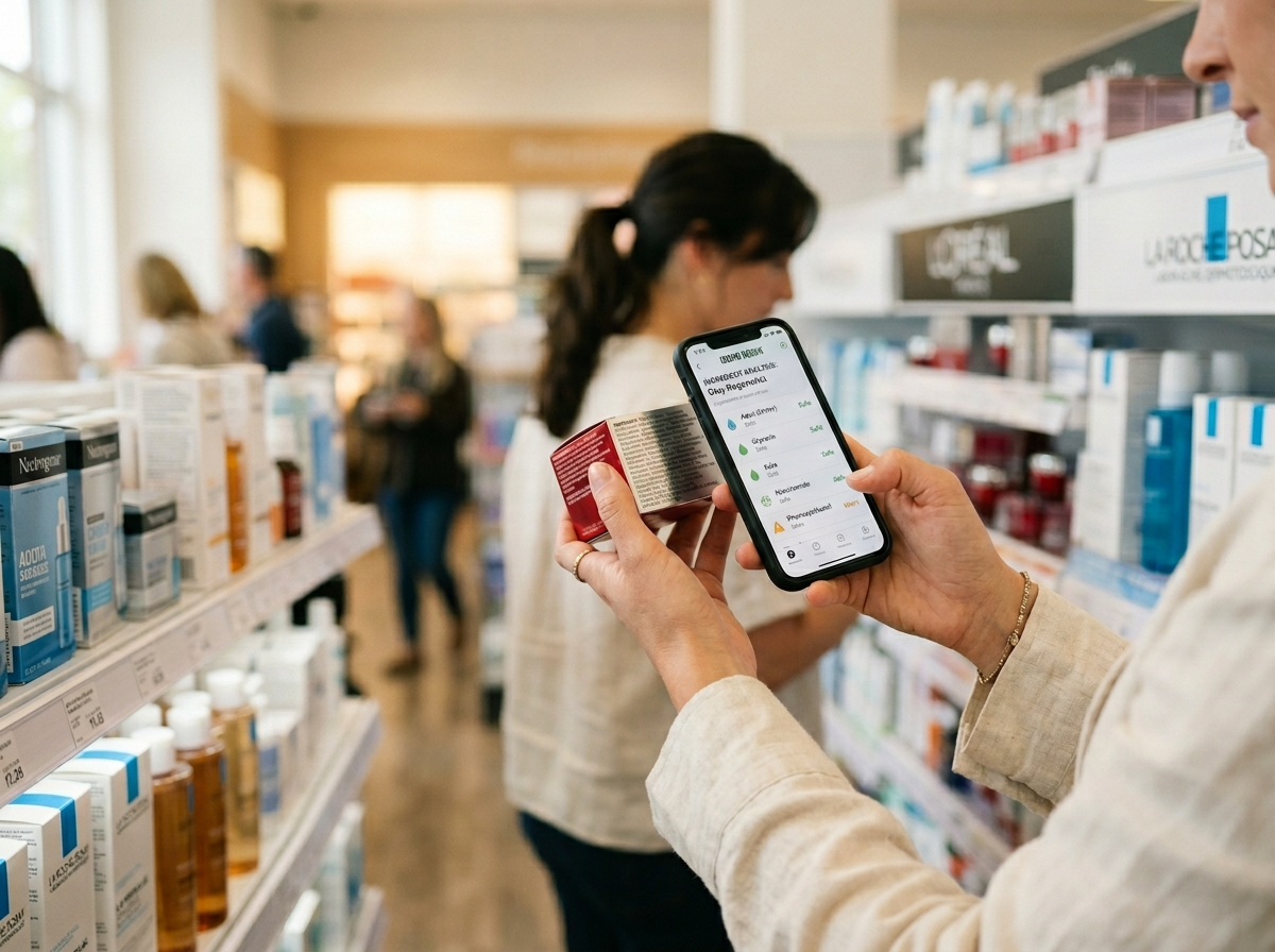 Kobieta skanuje składniki kosmetyczne smartfonem w drogerii, dokonując świadomego wyboru produktu.
