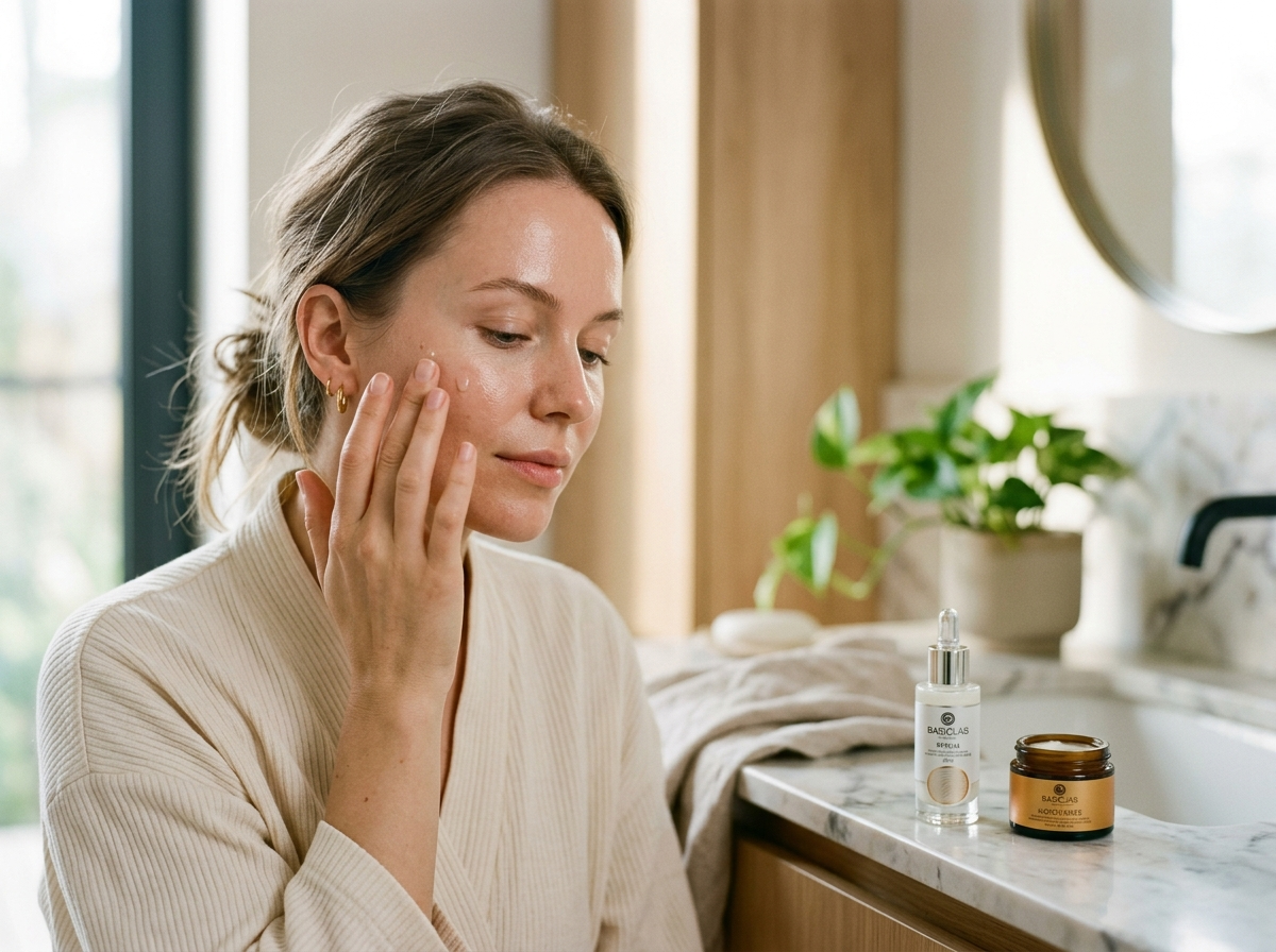 Kobieta w trakcie porannej rutyny pielęgnacyjnej, aplikująca serum na twarz, z rozmyciem kosmetyków do pielegnacji w tle.
