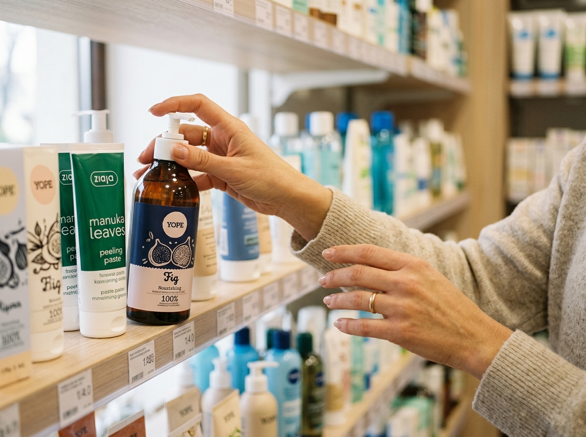 Kobieta wybierająca popularne polskie kosmetyki Ziaja i Yope z półki w drogerii, w ciepłym świetle.