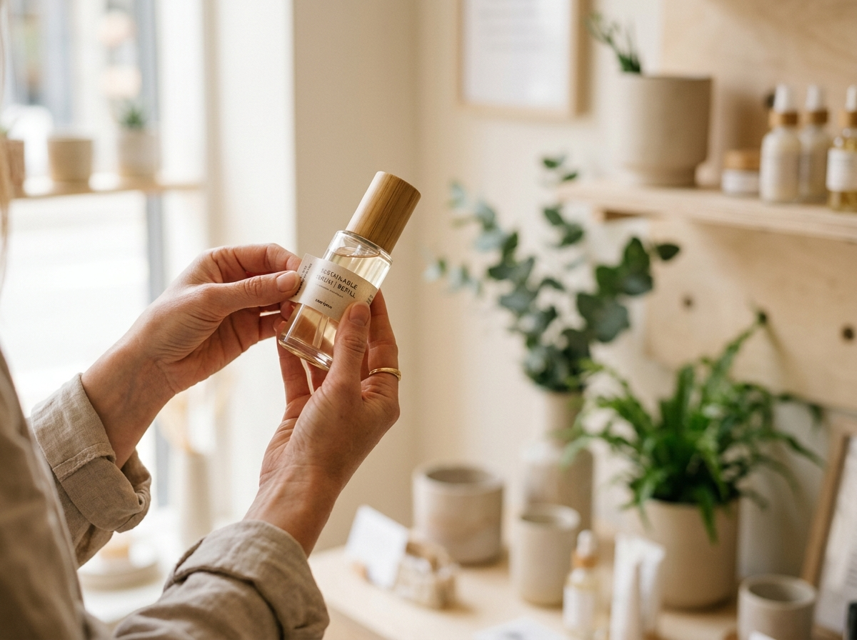 Kobieta z uwagą ogląda ekologiczny kosmetyk, w tle rozmyte półki, odzwierciedlając najnowsze wiadomości kosmetyczne.