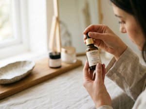 Kobieta z uwagą ogląda eleganckie serum, reprezentując najnowsze wiadomości kosmetyczne.