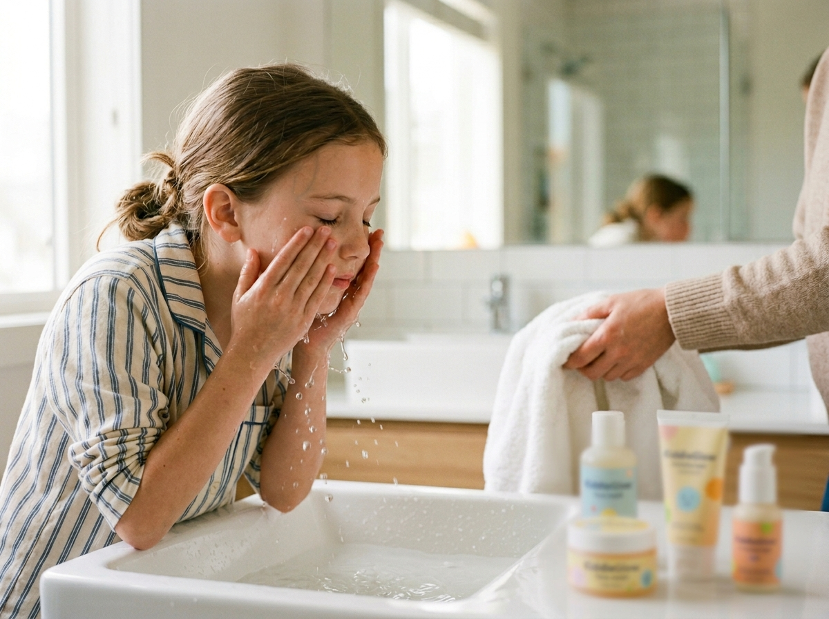 Pre-nastolatka myje twarz w łazience, ucząc się zdrowych nawyków. W tle widać kosmetyki dla dzieci.