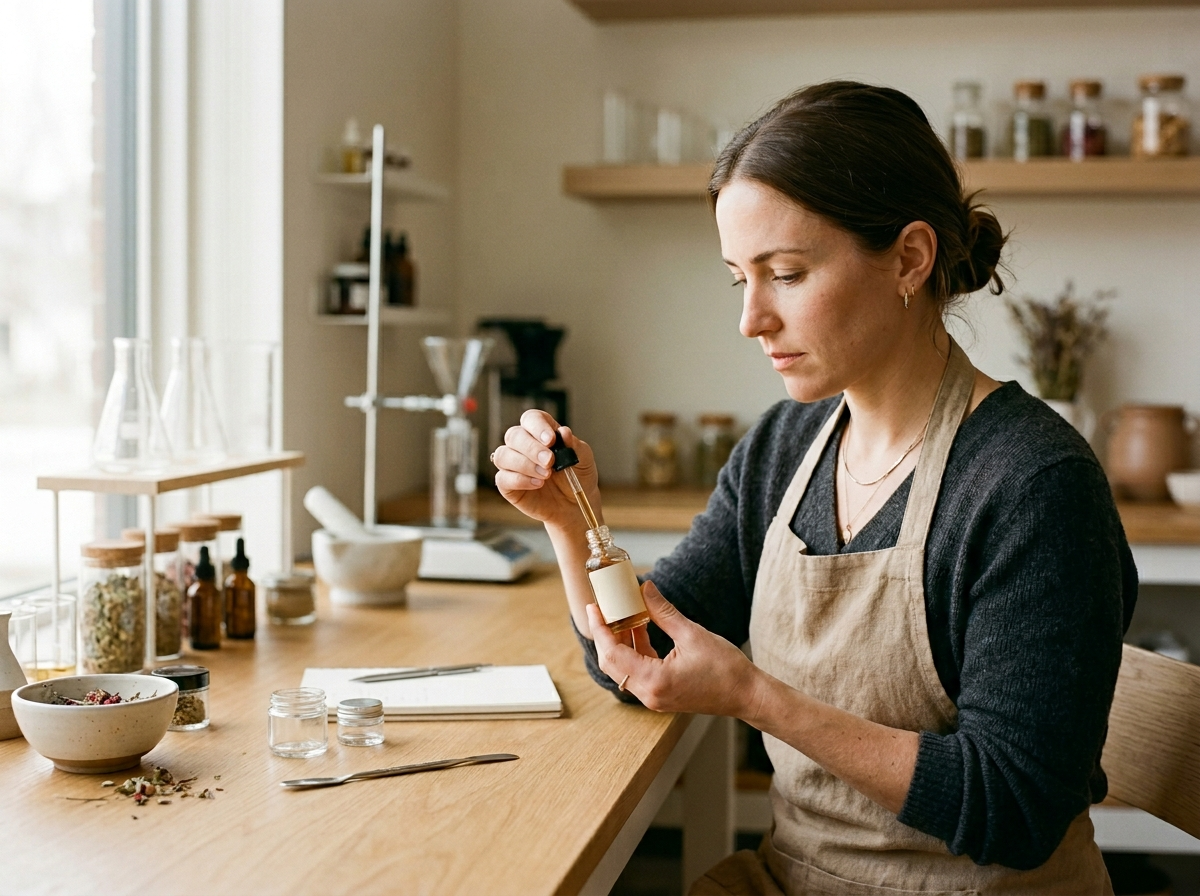 Przedsiębiorczyni kosmetyczna z dbałością bada innowacyjny produkt w nowoczesnym studio, symbolizując świeże wiadomości kosmetyczne i trendy.