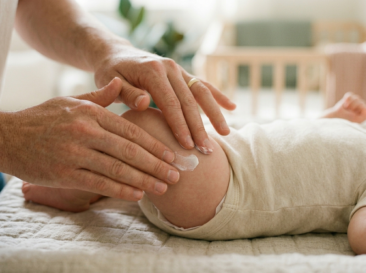 Rodzic delikatnie aplikuje krem na zdrową pupę spokojnego niemowlęcia, dbając o kosmetyki dla noworodka.