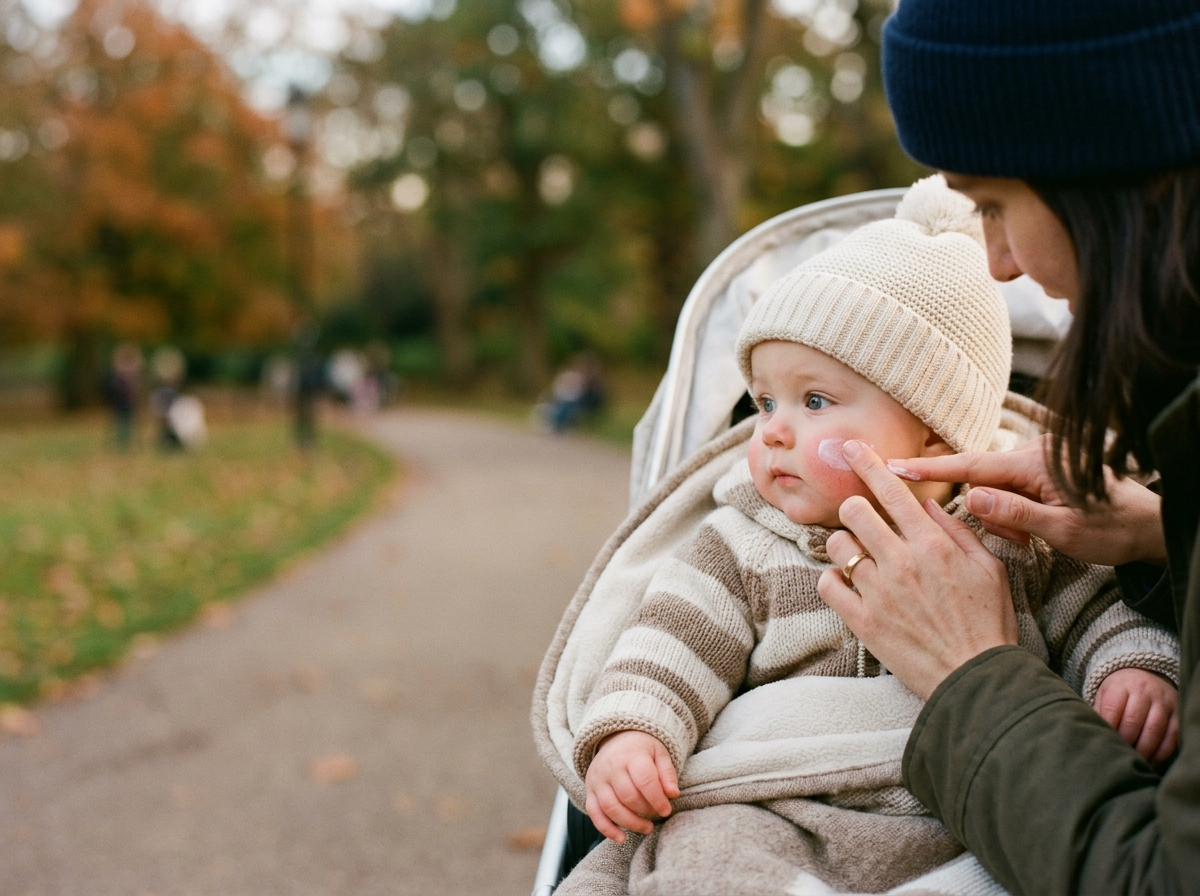 Rodzic delikatnie aplikuje ochronny krem na policzek niemowlęcia podczas zimowego spaceru, dbając o kosmetyki dla noworodka.