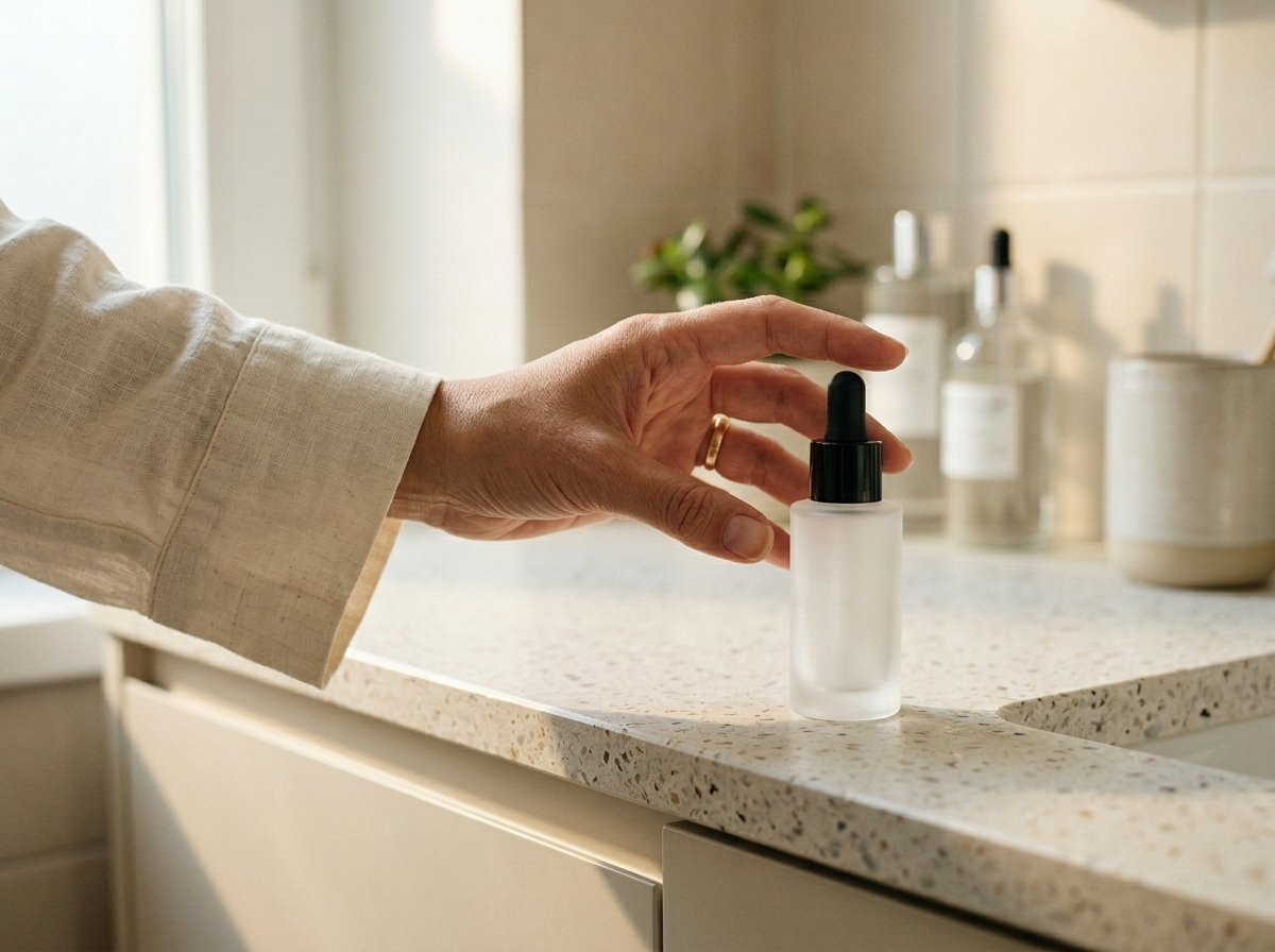 Zbliżenie na dłoń sięgającą po butelkę serum BasicLab, podkreślając polskie marki kosmetyków.