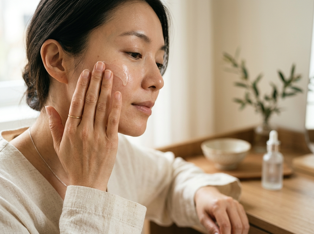 Zbliżenie na dłonie kobiety delikatnie wklepującej serum, podkreślające naturalne koreańskie marki kosmetyków i promienny wygląd.