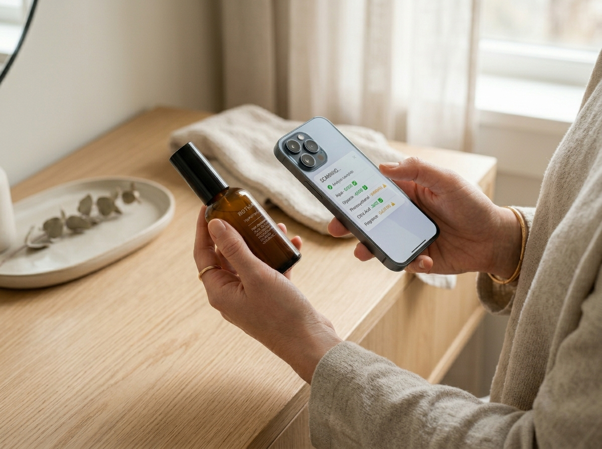 Zbliżenie na dłonie kobiety skanującej smartfonem składniki kosmetyków na opakowaniu produktu.